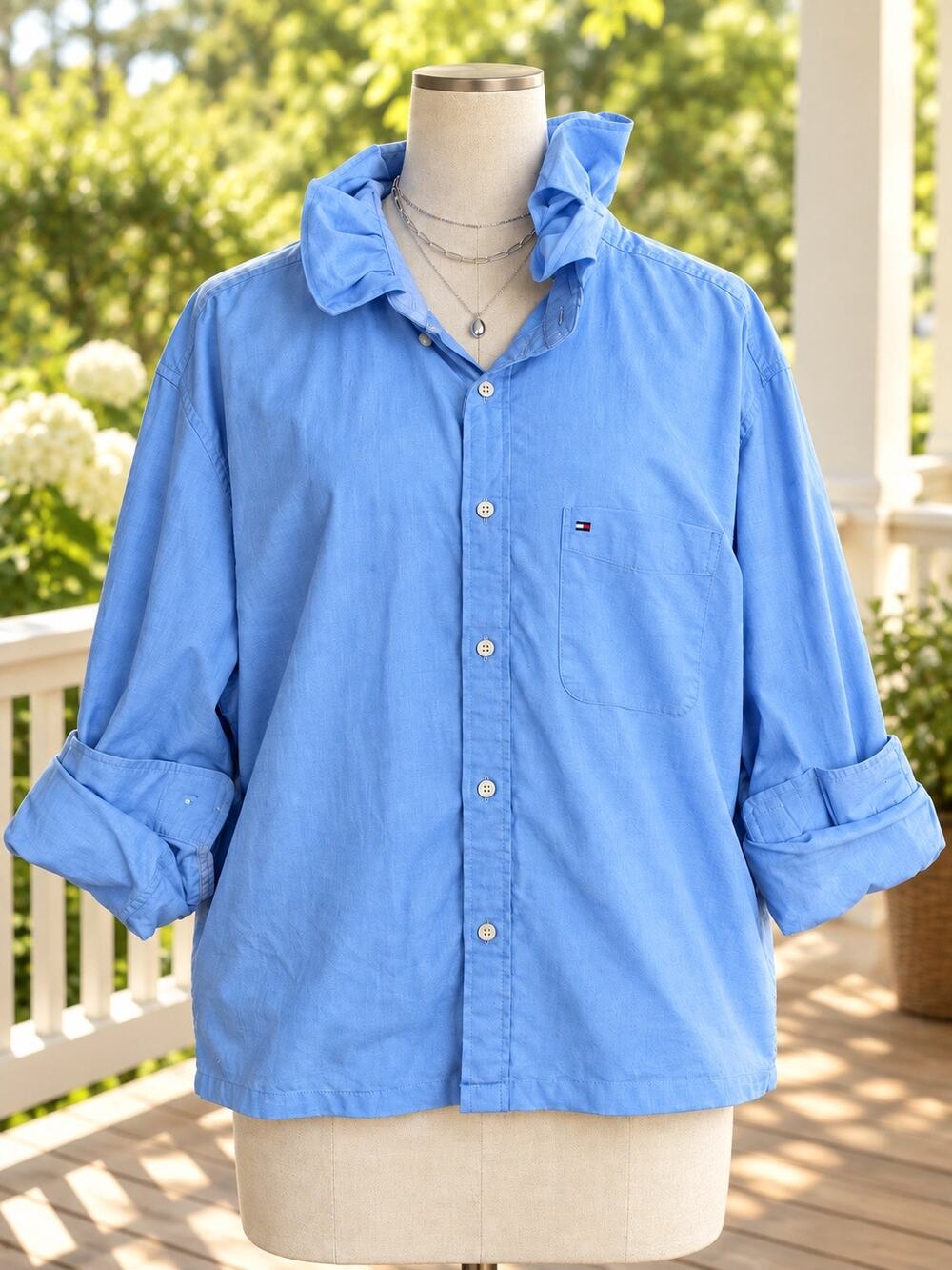 Tommy Hilfiger Reworked Ruffle Collar Shirt XL Handmade Upcycled